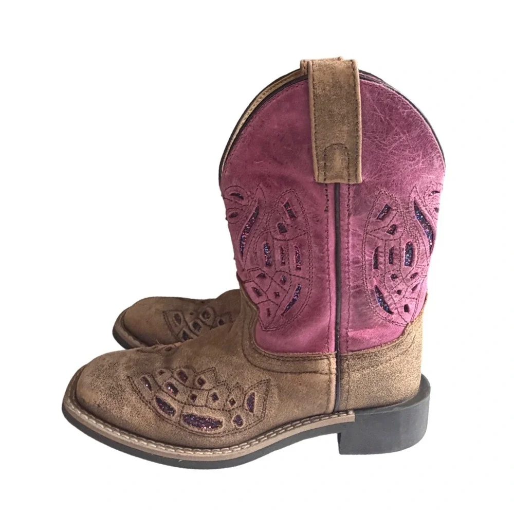 Shyanne Kids Brown Pink Glitter Cutout Western Cowboy Boots 12 D Style 43161